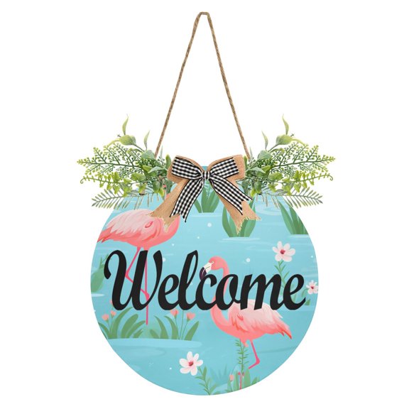 Flamingoes Flowers Leaves Lake Welcome Sign for Front Door Wreath Door Sign for Farmhouse Porch Decoration Indoor Outdoor