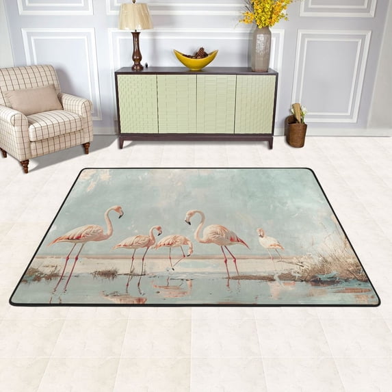 Flamingoes Grass Puddle Area Rug Washable 72 x 48 Floor Carpet Mat Non Slip for Bedroom Living Room Kids Room Home Decor