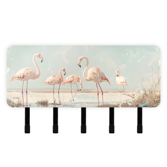 Flamingoes Grass Puddle Mail Holder Organizer Wall Mount with Shelf Key Holder Key Rack with 5 Key Hooks for Wall Decorative