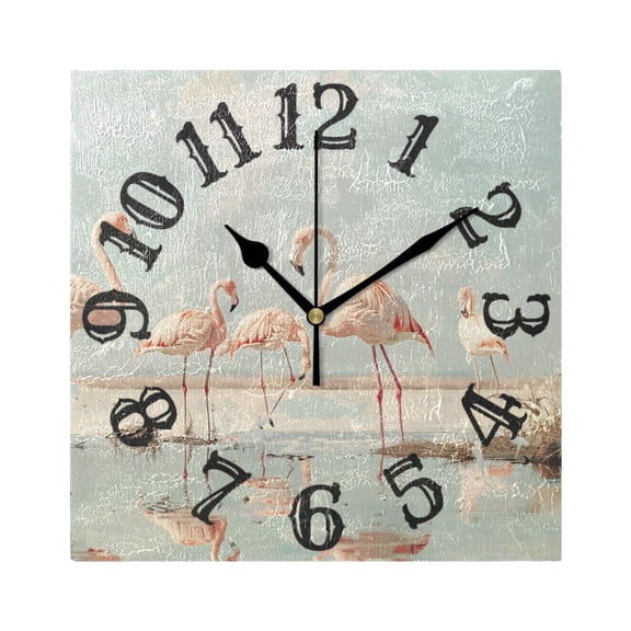 Flamingoes Grass Puddle Wall Clock Square Silent Non Ticking Battery Operated Clock for Home Bathroom Kitchen Bedroom Living Room