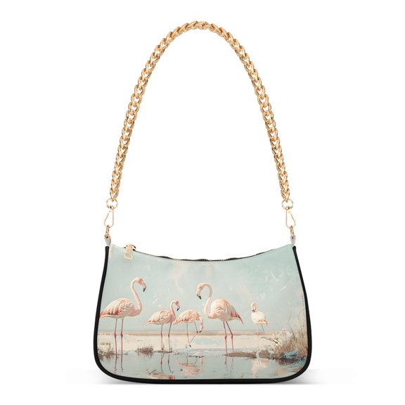 Flamingoes Grass PuddleWomen Small Shoulder Bag Crossbody Tote Hobo Bags Purse Clutch Handbags with Chain Strap for Women