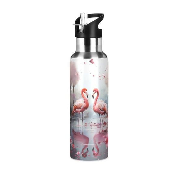 Flamingoes Lake Flowers Sports Water Bottle with Straw Lid Insulated Stainless Steel Leak Proof BPA Free Thermal Mug with Handle for Gym Yoga Cycling Camping