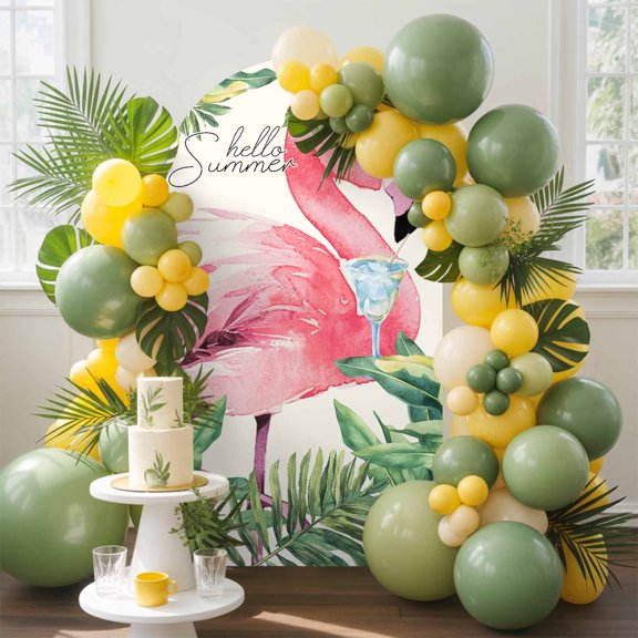 Flamingos Arch Backdrop Cover, 4FT, Summer Palm Leaf Tropical Plants Animal Spandex Arch Covers Double-Sided Backdrop for Wedding Birthday Party Photo Background Decoration