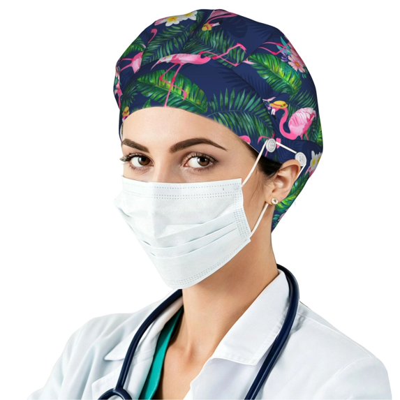 Flamingos Bouffant Caps with Button and Sweatband, Adjustable Scrub Caps hat for Women Men