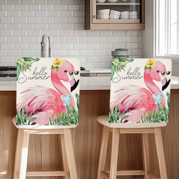 Flamingos Chair Covers Set of 1 Summer Palm Leaf Chair Back Covers Stretch Removable Washable Chairs Slipcovers Chair Protector for Dining Room Kitchen Party Decor