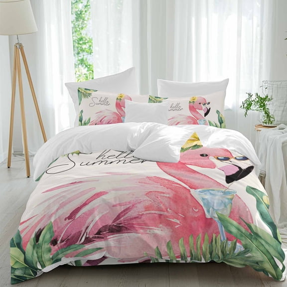 Flamingos Comforter Set California King Size, Summer Palm Leaf Tropical Plants Animal Soft Bedding Set for Man Woman, 4 Pieces Duvet Cover Set with Fitted Sheet, 2 Pillowcases