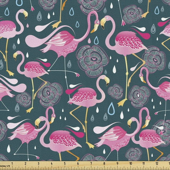 Ambesonne Flamingos Fabric by the Yard Upholstery, Exotic Bird Pattern, 2 Yards, Dark Green Pale Pink