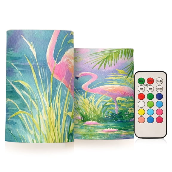Flamingos Flickering Flameless Candles Battery Operated with Remote Timer LED Pillar Candles Set of 2