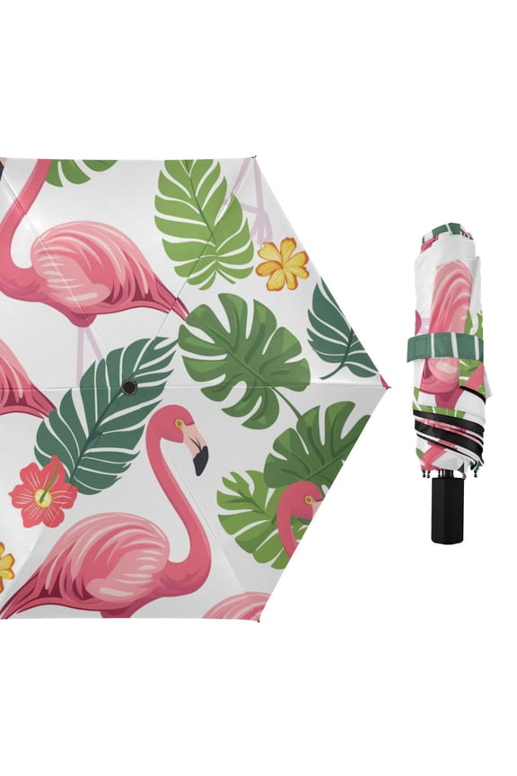Flamingos Flowers Palm Leaves All Weather Umbrella Triple Folding Parasol 6 Ribs UV Protection Portable