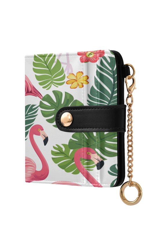 Flamingos Flowers Palm Leaves Women's Wallet PU Leather Card Cases RFID Blocking Purse Billfold with Key Ring