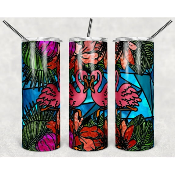 Flamingos Hibiscus Stained Glass Look 20 Oz Skinny Metal Tumbler w/Lid & Straw
