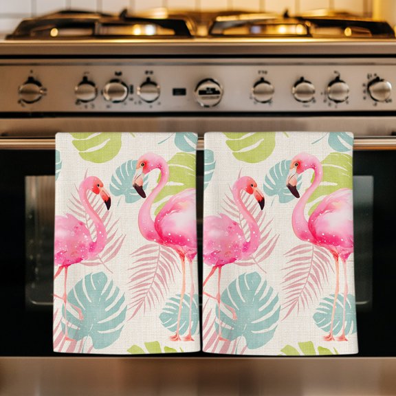 Flamingos Kitchen Towels Set of 1, Summer Monstera Leaves Tropical Botanical Absorbent Dish Towels for Kitchen, Microfiber Hand Towel, Quick Drying Tea Towel for Cleaning Decorative Dishcloths