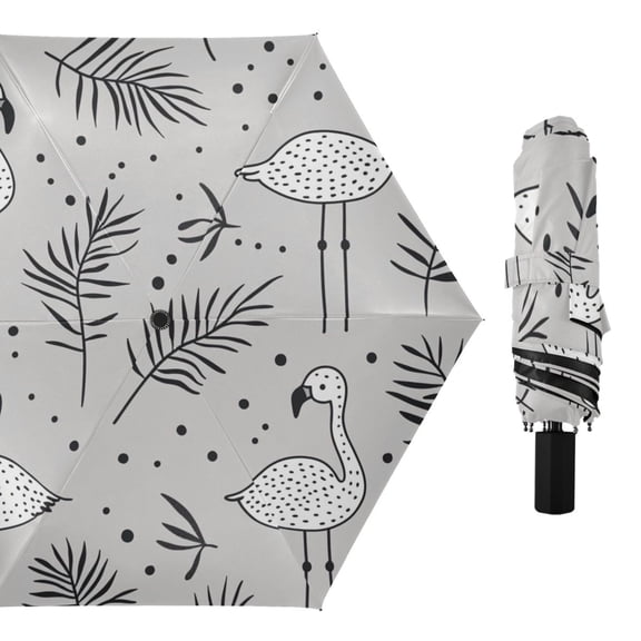 Flamingos Leaves Illustration Design All Weather Umbrella Triple Folding Parasol 6 Ribs UV Protection Portable