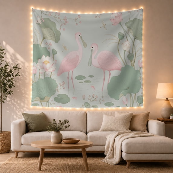 Flamingos in Lotus Wetland, Tranquil Watercolor Pink Green for Nature Lovers, Tropical Wall Art, Housewarming Gift, Tapestry Wall Hanging for Bedroom, Living Room
