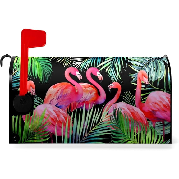 Flamingos Mailbox Cover Magnetic Summer Tropical Palm Waterproof Mailbox Wraps Pink Birds Green Leaf Post Letter Mail Box Standard Size 21x18 Inch for Garden Yard Decor Outdoor