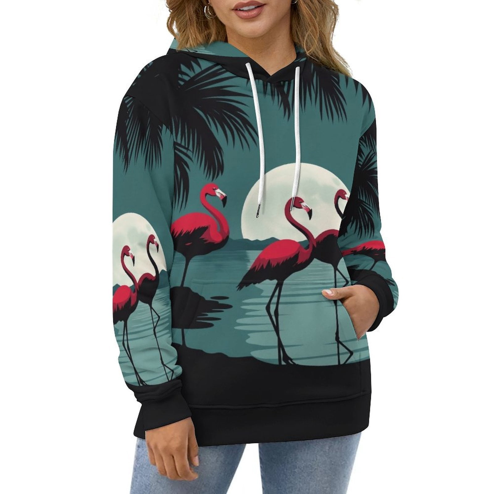 Flamingos Moonlit Beach Hoodies Long Sleeve Casual Hoodie Winter ...