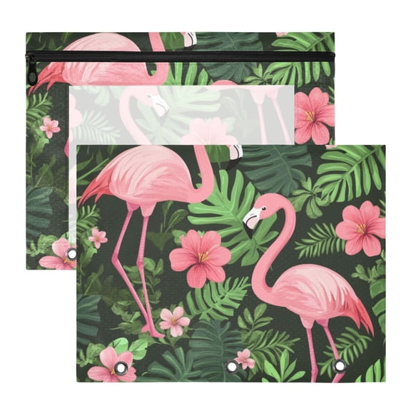 Flamingos Palm Leaves Pinkish Florals 3-Ring Binder Pouches A4 Size Zipper Pocket File Storage 2 Packs
