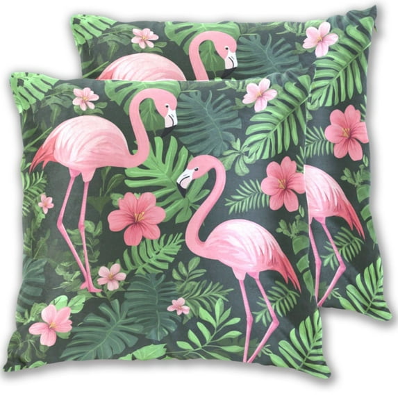 Flamingos Palm Leaves Pinkish Florals Throw Pillow Covers Pillowcases 16 x 16 Inch Home Decor 2 Packs for Bedroom Sofa