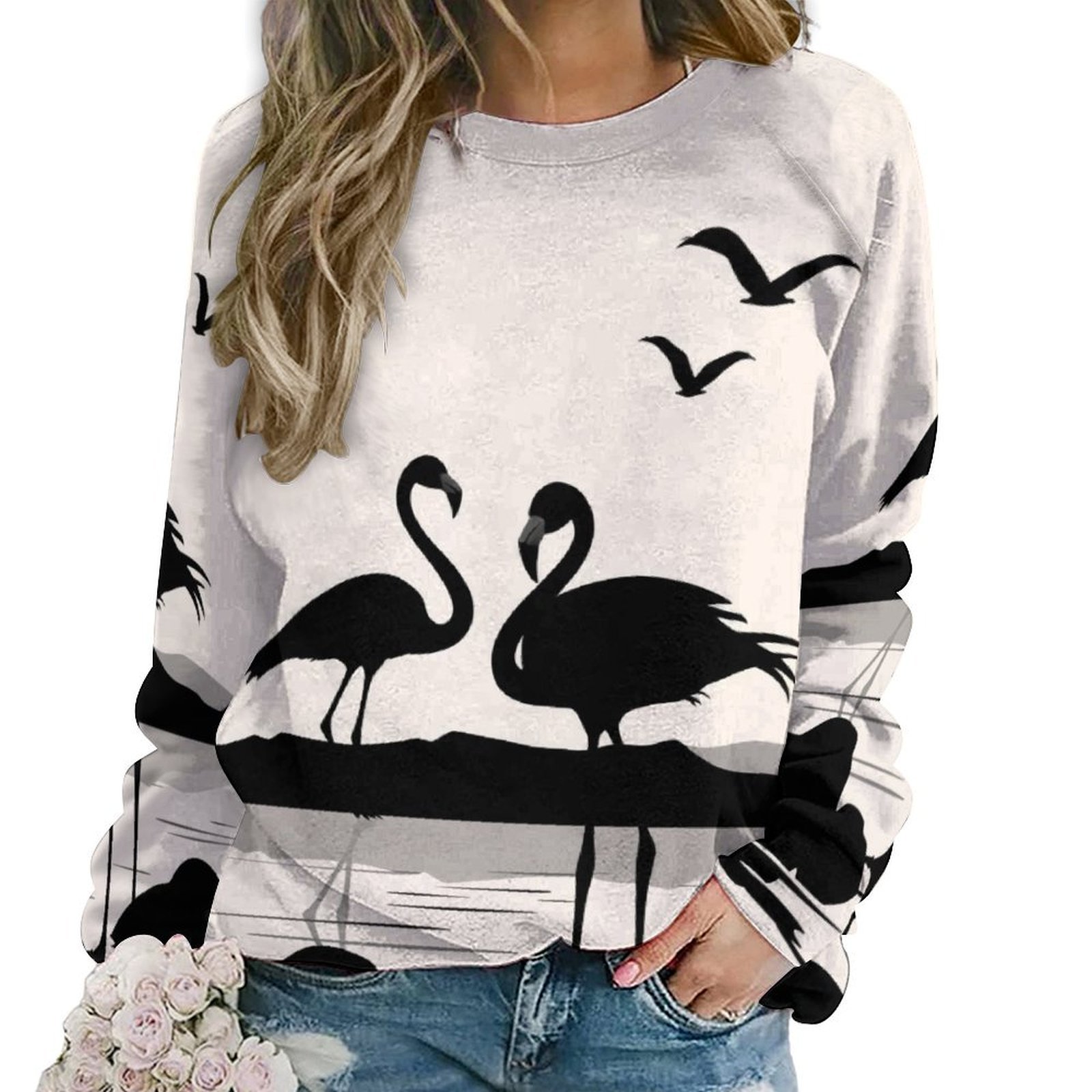 Flamingo Print Hoodie, Casual Hooded Sweatshirt, Women's Clothing