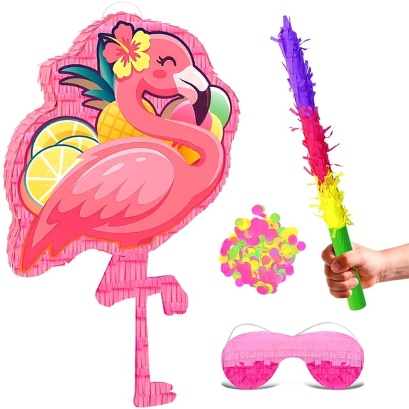4 In 1 Flamingo Piñata, 23'' Hawaiian Piñatas Bundle, Tropical Hawaiian Party Decor Stick etc Flamingo Party Pinata for Flamingo Party Favor Bag Fillers Decorations