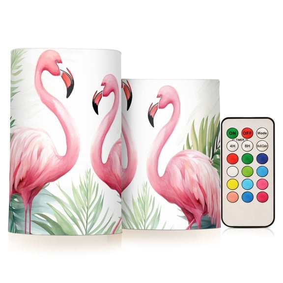 Flamingos and Plants 2 PCS LED Flickering Flameless Candles with Remote Control Realistic 3D Wick Window Candles Sets for Wedding Table Home Decoration Gifts