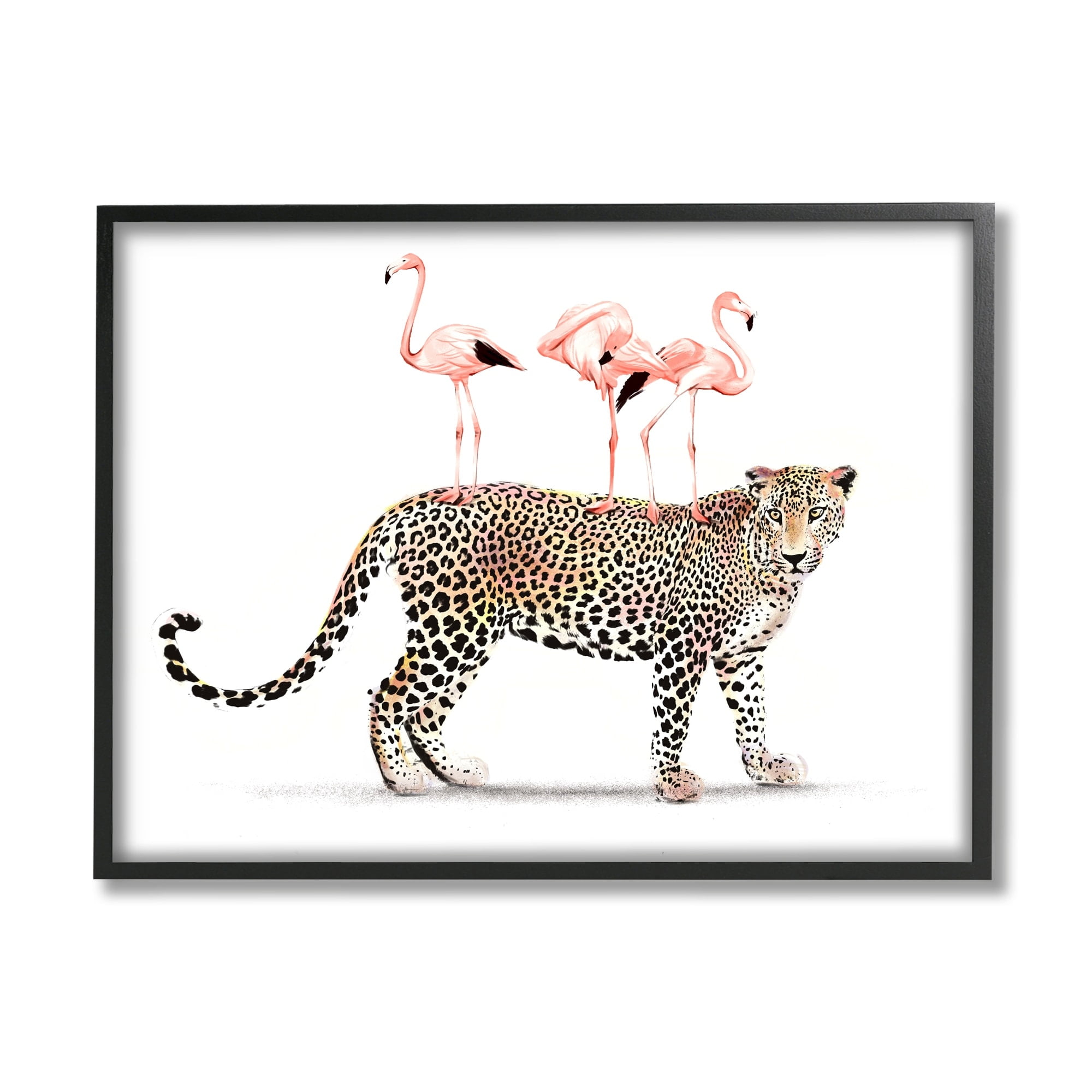 Tropical Flamingos on Leopard Black Framed 14" x 11" Art Print