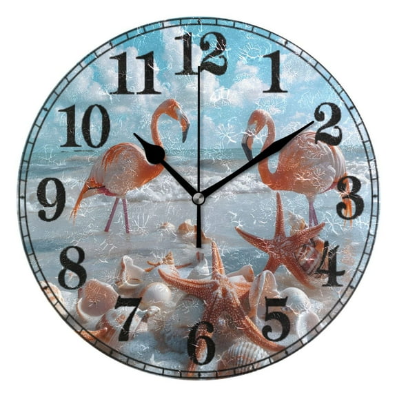 Flamingos Starfish Shells on Beach Silent Wall Clock 10" Non-Ticking Battery Clock