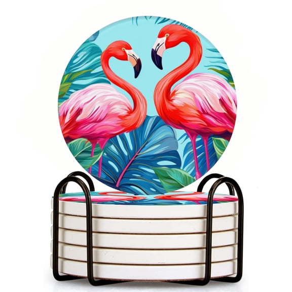 Flamingos Surrounded By Tropical Leaves And Flowers Set of 6 Ceramic Coasters with Holder, Absorbent Drink Bar Coasters, Table Coasters for Living Room Decor Tabletop Protection