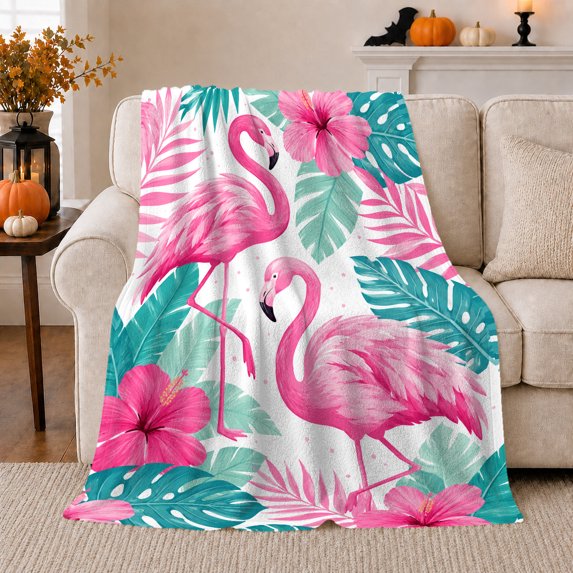 Flamingos with Teal Monstera and Hibiscus, Bold Tropical Style for Flamingo Lovers, Pink Leaf Island Pattern and Birthday Gift, Soft Flannel Blanket for Sunroom and Bedroom, Coastal Home Decor