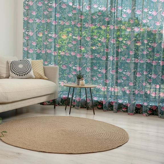 Flamingos Tulle Curtains with Rod Pocket, Exotic Bird Pattern with Flowers Hearts and Raindrops Tropical, Sheer Drape for Wedding Party 2 Panels, 7 Sizes, Dark Green Pale Pink, by Ambesonne