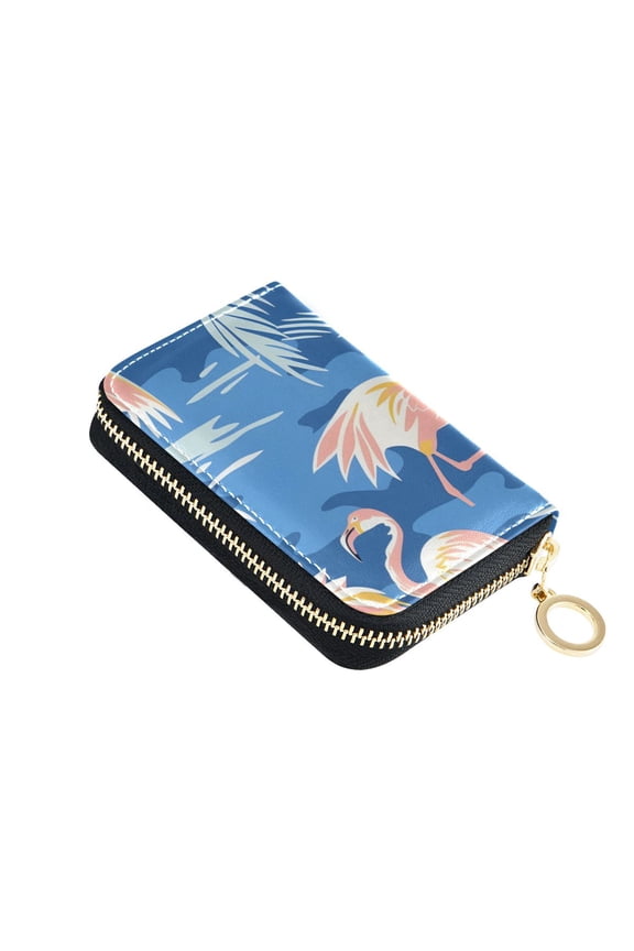 Flamingos and Coconut Trees Women's Credit Card Holder PU Leather Zipper Wallet RFID Blocking