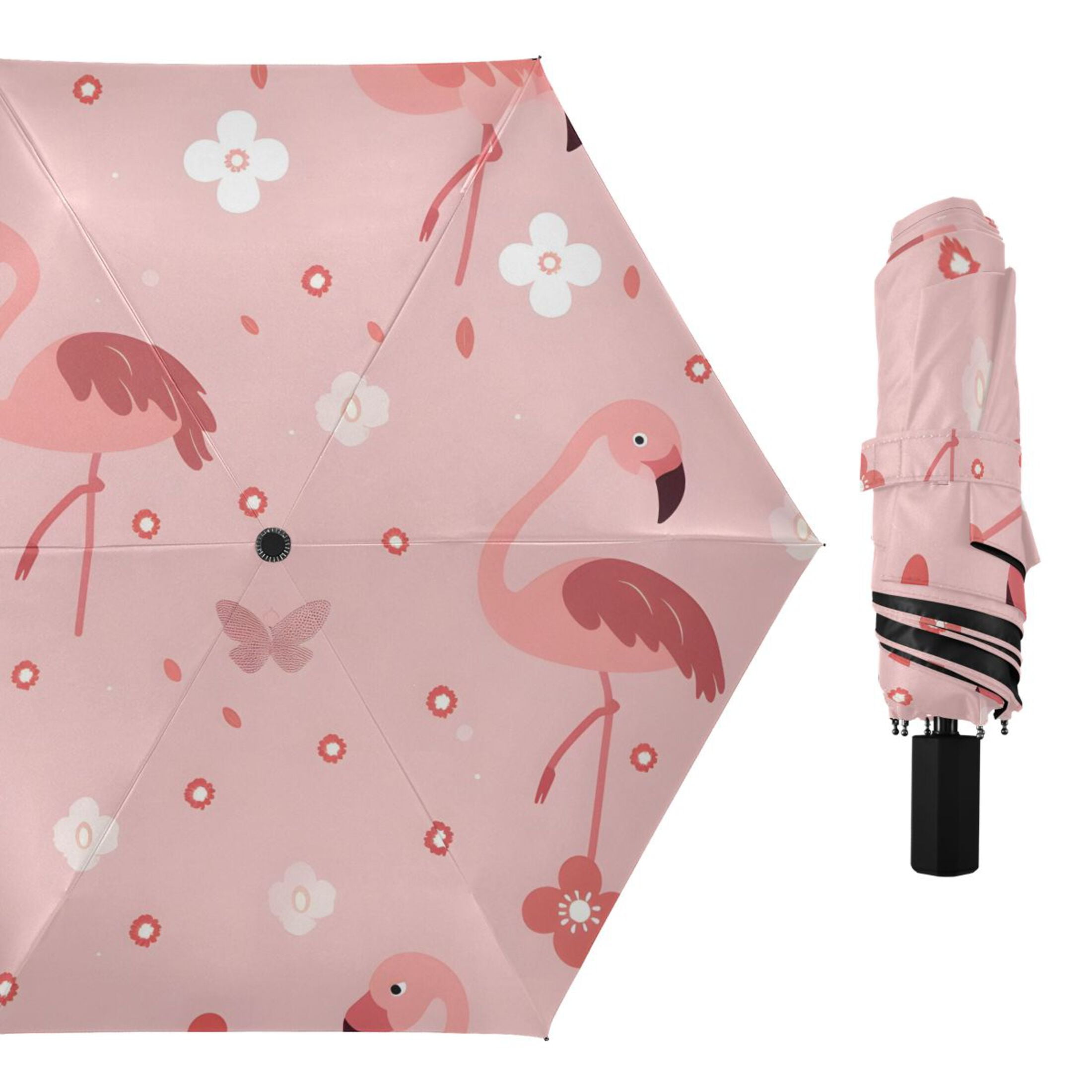 Flamingos and Flowers All Weather Umbrella Triple Folding Parasol 6 Ribs UV Protection Portable
