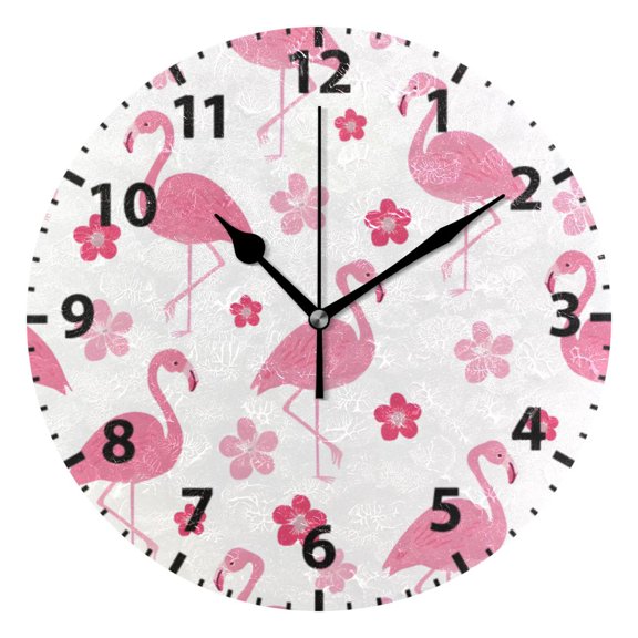 Flamingos and Flowers Pattern Wall Clock 10in Round Artistic Oil Painting Home Decor Desk Table Clock
