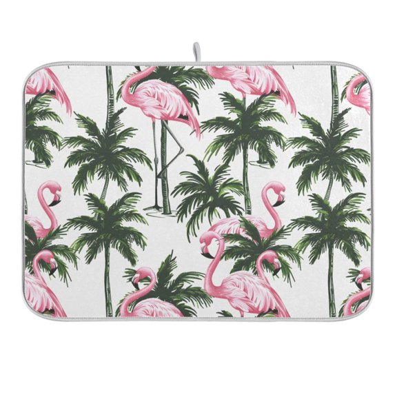 Flamingos and Palm Trees Dish Drying Mat 16x18 Absorbent Microfiber Draining Rack Pad for Kitchen Counter Sink