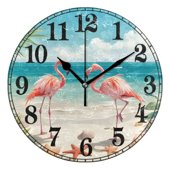 Flamingos and Starfish Shells on Beach Silent Wall Clock 10" Non-Ticking Battery Clock