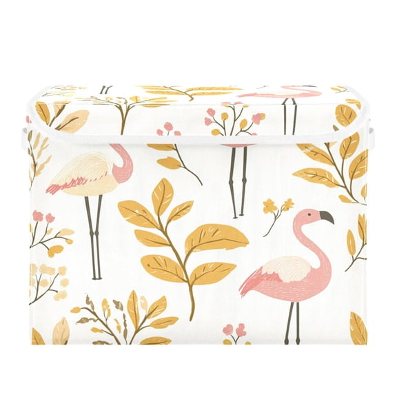 Flamingos and Yellow Leaves Foldable Storage Bin with Lid and Handle Collapsible Storage Box 16.5 x 12.6 x 11.8 inches