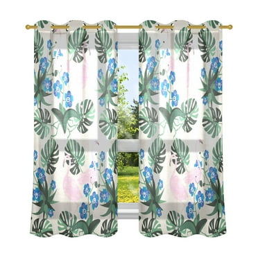 Flamingos in Jungle Semi Sheer Curtains 2 Panels Faux Linen Voile Sheer Drapes for Office Living Room 63x42in