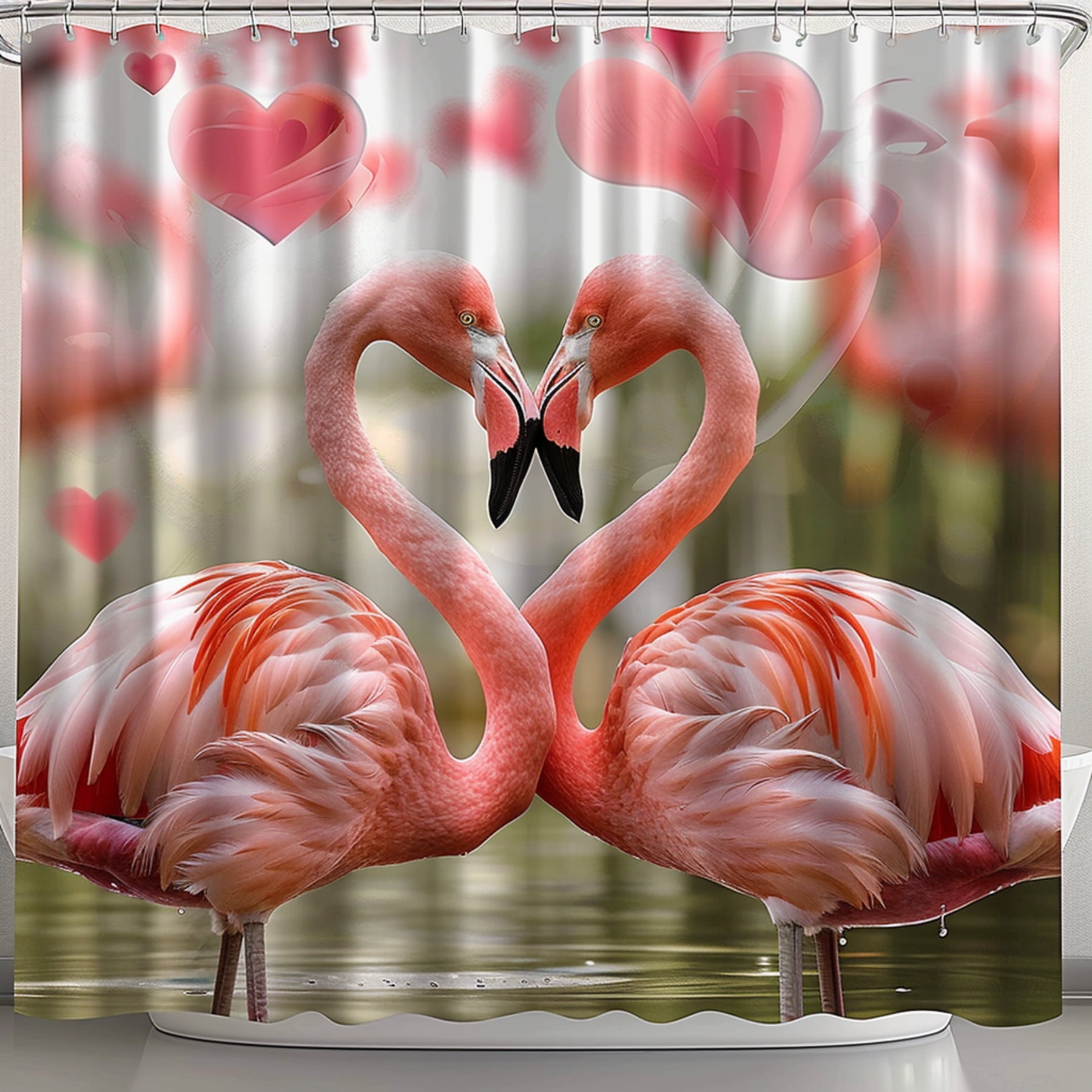 Flamingos in Love Shower Curtain with Pink Heart Shape Print Pink and ...