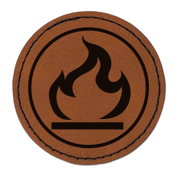 Flammable Fire Icon 2.5" Faux Leather Round Engraved Iron-On Patch - Brown