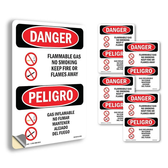 Flammable Gas No Smoking Bilingual OSHA Danger Vinyl Decal Label 10 Inch x 7 Inch - 5 Pack