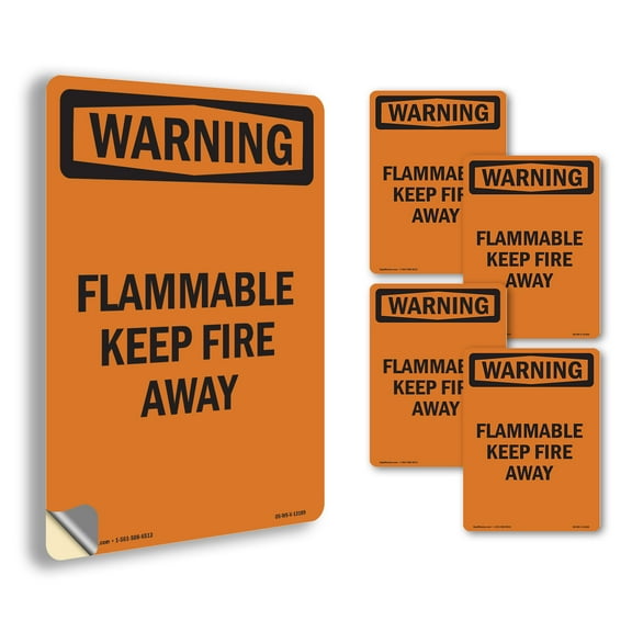 Flammable Keep Fire Away OSHA WARNING Vinyl Decal Label 18 Inch x 12 Inch - 5 Pack