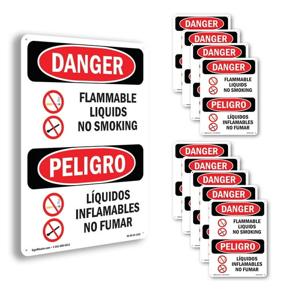 Flammable Liquids No Smoking Bilingual OSHA Danger Rigid Plastic Sign 14 Inch x 10 Inch - 10 Pack