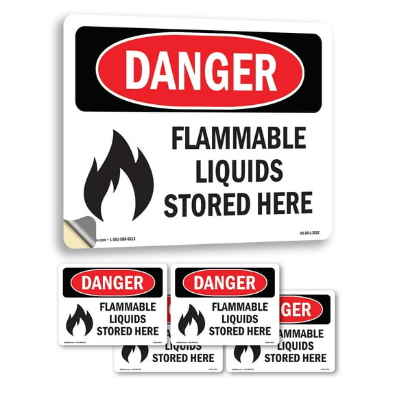 Flammable Liquids Stored Here OSHA Danger Vinyl Decal Label 24 Inch x 18 Inch - 5 Pack