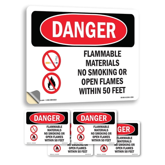 Flammable Materials No Smoking 50 Feet OSHA Danger Vinyl Decal Label 18 ...