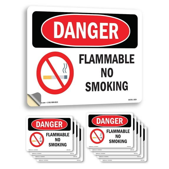 Flammable No Smoking OSHA Danger Vinyl Decal Label 7 Inch x 5 Inch - 10 Pack