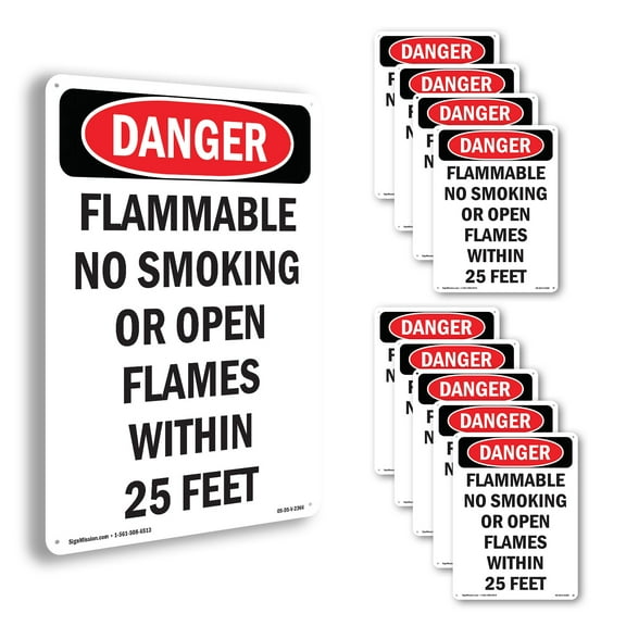 Flammable No Smoking Or Open Flames OSHA Danger Rigid Plastic Sign 14 Inch x 10 Inch - 10 Pack