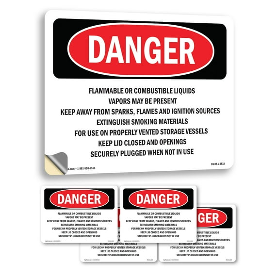 Flammable Or Combustible Liquids Vapors OSHA Danger Vinyl Decal Label 5 Inch x 3.5 Inch - 5 Pack