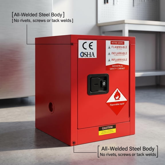 Flammable Safety Cabinet, 4 Gallon Red Fireproof Chemical Cabinet with 3-Point Lock & Adjustable Shelf, Double-Layer Steel Storage Cabinet for Lab Workshop Garage