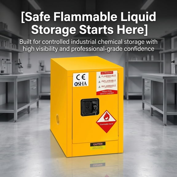 Flammable Safety Cabinet, 4 Gallon Yellow Fireproof Chemical Cabinet with 3-Point Lock & Adjustable Shelf, Double-Layer Steel Storage Cabinet for Lab Workshop Garage