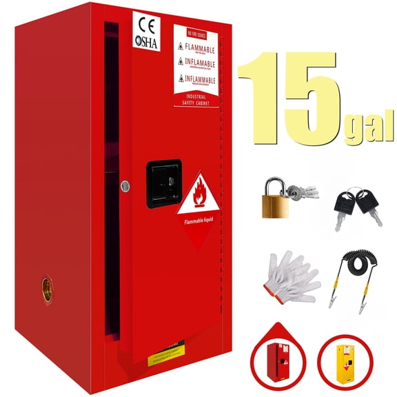 Flammable Storage Cabinet 15 Gallon, 35Hx23)x18.11D Inch Adjustable Thickened Shelf, Red, Galvanized Steel, Fireproof Liquid Storage, Hazardous Storage Cabinets, Safety Cabinets for Industrial Works